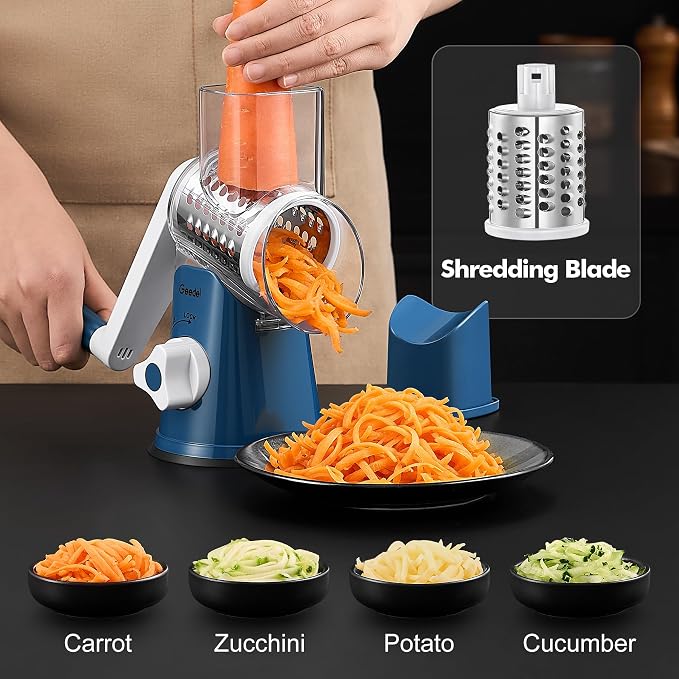 Geedel Rotary Cheese Grater, Kitchen Mandoline Vegetable Slicer with 3 Interchangeable Blades, Easy to Clean Rotary Grater Slicer for Cheese, Vegetables, Nuts
