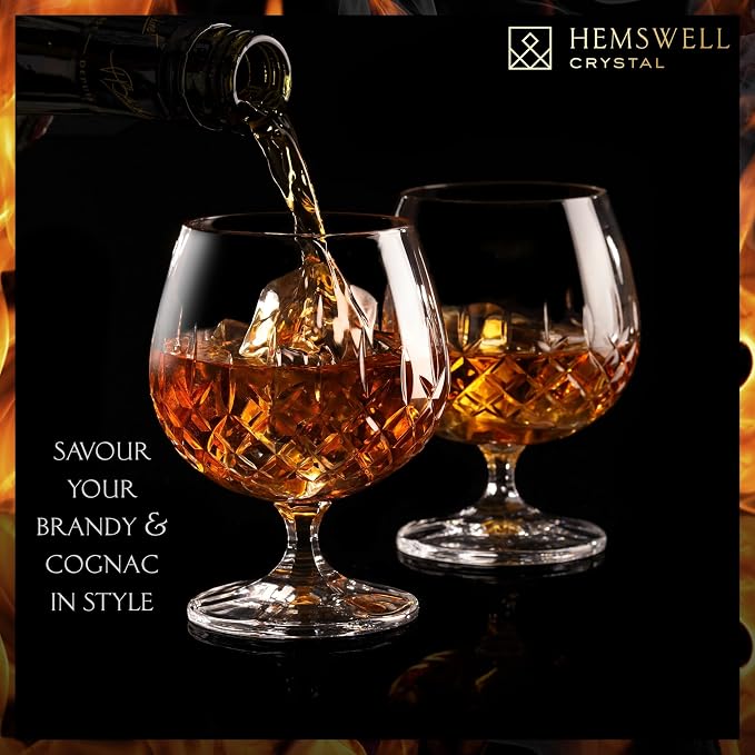 Brandy Snifter Glasses Set of 2 - Small Cut Glass Goblets | for Scotch or Cognac - Diamond Cut Glasses - European Crystal 8.5oz