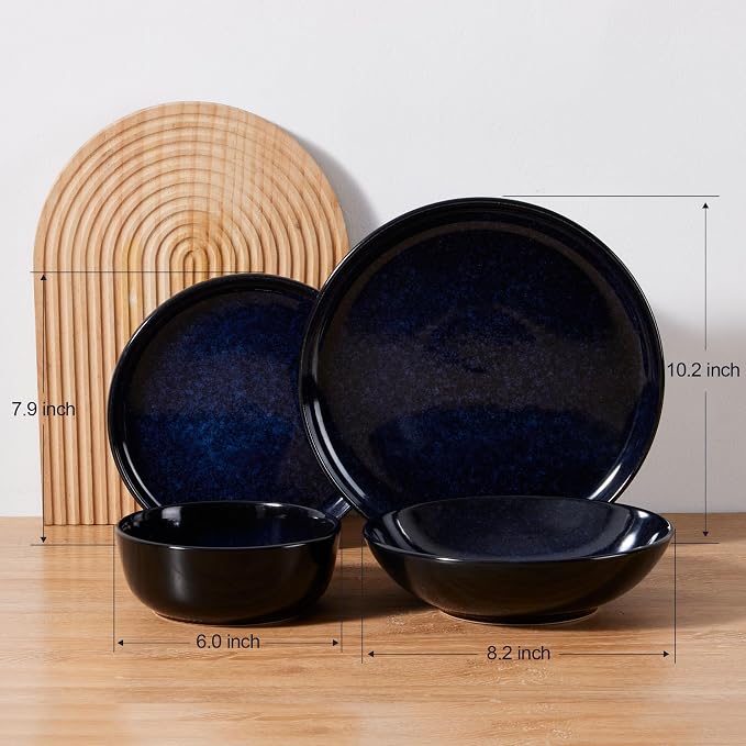 LIANYU Stoneware Dinnerware Sets with Pasta Bowls, 16 Piece Plates and Bowls Dishes Set for 4, Dishwasher Safe Dining Ware Dishware for Home Kitchen, Microwave Safe, Midnight Blue