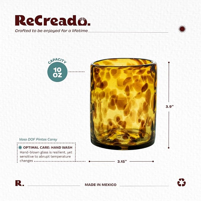 Tortoise Shell Hand Blown Tumbler Glasses Set of 6 | Amber Drinking Glasses | Mexican Glassware | 10 oz tumbler | Hand blown Mexican Drinking Glasses for Cocktails, Wine & Tequila