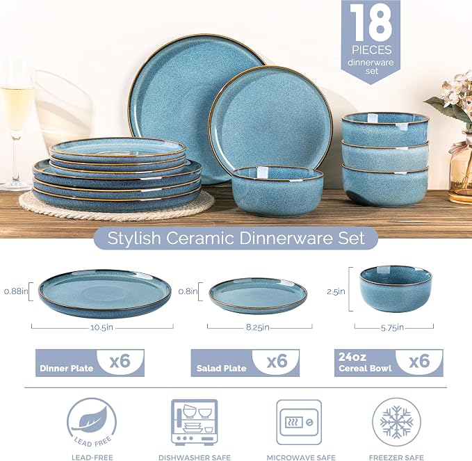 GBHOME Ceramic Dinnerware Sets for 6, 18 Pieces Stoneware Plates and Bowls Sets, Scratch Resistant Dishes, Dishwasher & Microwave Safe, Space Blue