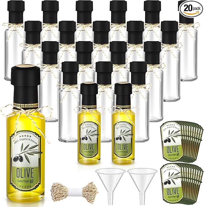 Reallnaive 20 Pcs 4 oz Mini Glass Olive Oil Bottles Empty Sauce Condiment Bottles with Dropper Inserts and Sticker Seals Caps for Gifts Kitchen (Circle,Clear)