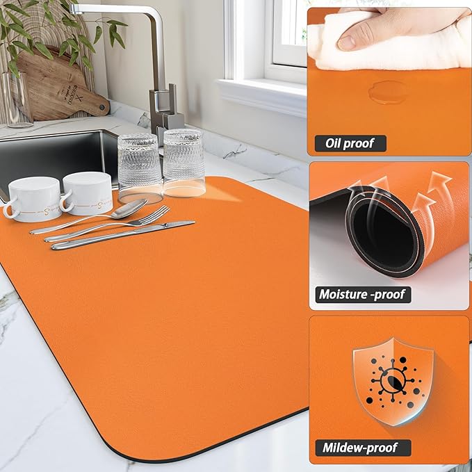 HotLive Dish Drying Mat for Kitchen Counter, Heat Resistant Drainer Mats with Non-slip Rubber Backed, Hide Stain Kitchen Super Absorbent Draining Mat, Easy to Clean Dish Rack Pad, Orange 16"x18"