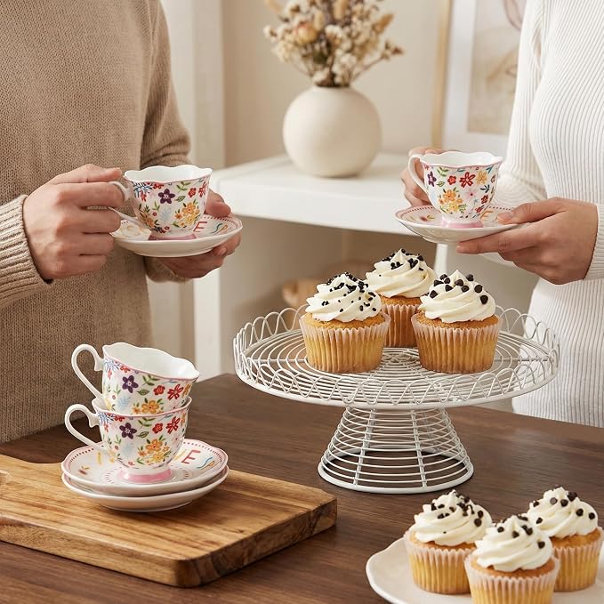 3oz Small Tea Cups & Saucers Set of 6, Floral Espresso Cups With Scalloped Edge, Ceramic Demitasse Cup for Coffee, Latte, Espresso Shot Mug for Espresso Machine, Women Gifts for Mother's Day, Birthday