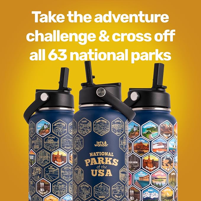 LET'S WANDER National Parks Water Bottle 2.0 Ultimate Bundle | Includes Straw Lid, Chug Lid & 2 Sets of 63 Waterproof Stickers | 32oz Leakproof Insulated Stainless Steel Gift Pack (Blue)