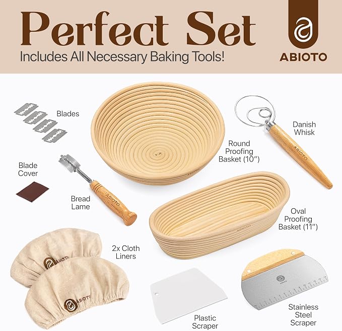 ABIOTO Sourdough Bread Baking Kit - 14-Piece Set with 10" Round & 11" Oval Rattan Banneton Proofing Baskets, Liners, Bread Lame, Danish Whisk & Scrapers for Home Bakers