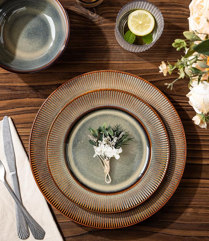 TheTerra Stoneware Dinnerware Sets for 4, 12 Pieces Ceramic Plates and Bowls Sets, Scratch Resistant Embossed Dish Set, Oven, Microwave & Dishwasher Safe, Coca Mocha