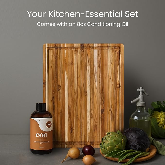 Teakhaus Carving Board and EON Cutting Board Oil Set - Extra Large (XL) Teak Wood Cutting Board with Juice Groove & Food-Grade Mineral Oil - 24”L x 18”W x 1.5” Thick - FSC Certified