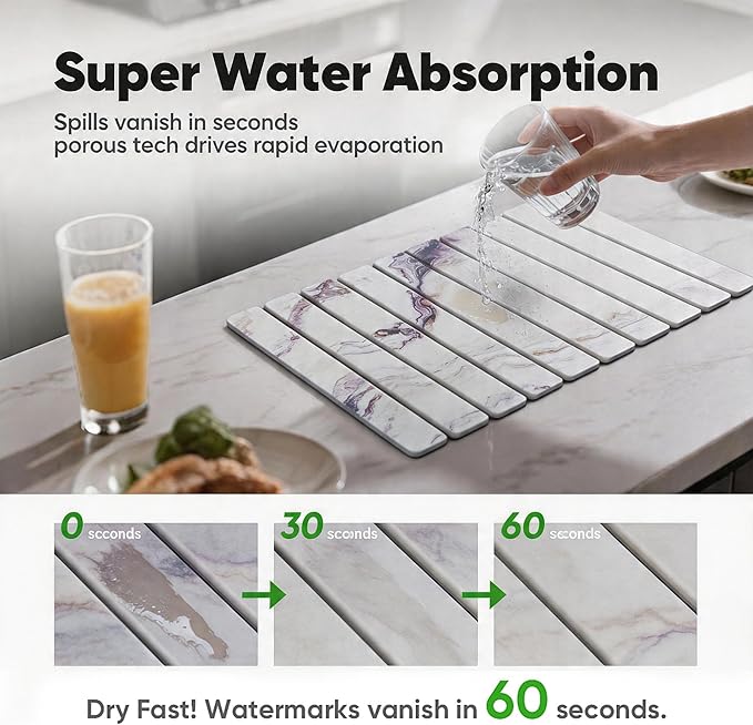 Stone Drying Mat for Kitchen Counter, Quick Diatomaceous Earth Mats for Dishes, 23.6"L x 15.7" W Super Absorbent Fast-Drying Collapsible Countertop Stone Mat (Marble White-06, 24" x 16")