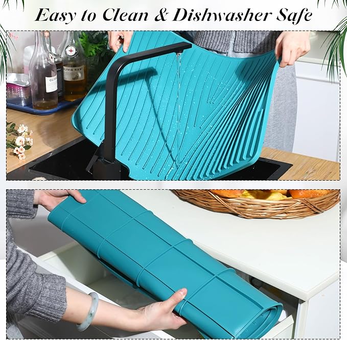 Teenyyou Extra Large Silicone Dish Drying Mat For Kitchen Counter Drying Pad 23.6 x 19 Inch Rubber Dish Drainer Mat with Drain Lip for Sink Drawer Liner (Blue)
