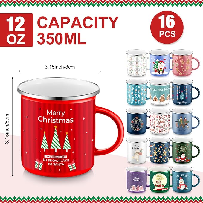 Sliner 16 Pcs Christmas Enamel Mugs, 12 oz Coffee Mugs Bulk Hot Chocolate Mug Set Cute Enamel Tea Cups Winter Holiday Christmas Employee Gift for Family Coworkers (Classic Style)