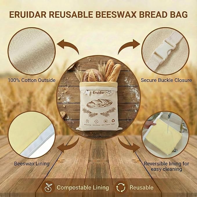 Beeswax Bread Bags for Sourdough & Homemade Bread (2 Pack), XL 13"x17" Large Reusable Cotton & Linen Bread Bag, Keep Loaves Fresh Longer, Natural & Easy to Clean(Rustic Bread Print)