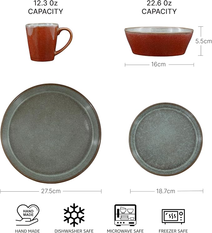 Mimola Stoneware Dinnerware Sets Service for 4, 16 pcs Reactive Glaze Plates and Bowls Sets, Handmade Ceramic Dish Set, Highly Chip and Crack Resistant Modern Plate Set (china red)