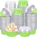 Gejoy 400 Pcs Aluminum Foil Baking Cups with Lids 5 oz Disposable Ramekins Mini Cake Pans Creme Brulee Cupcake Liners Muffin Tins Flan Mold Dessert Container for Wedding(Green,Classic)