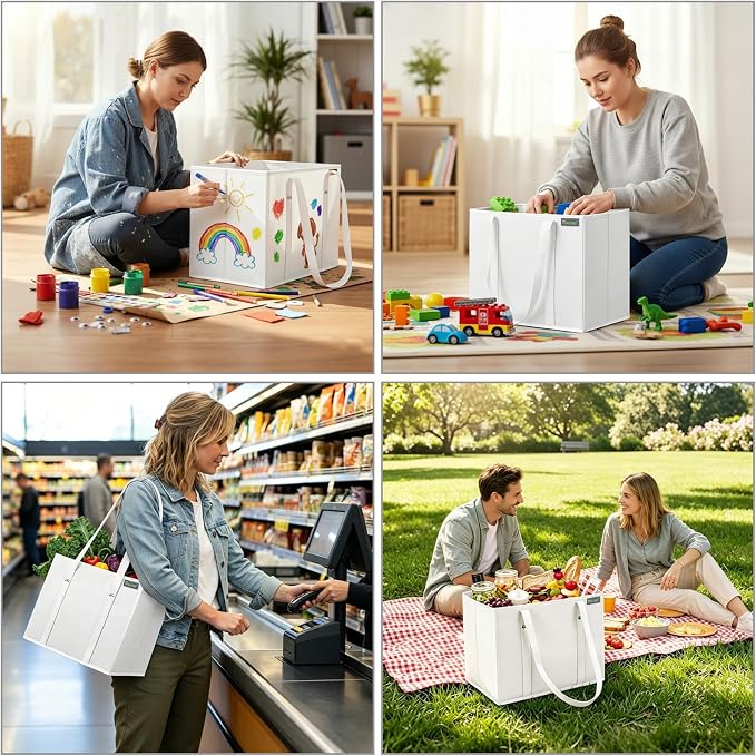 BALEINE 1Pk Reusable Grocery Bags, Foldable Shopping Bags for Groceries with Reinforced Bottom & Handles (White)