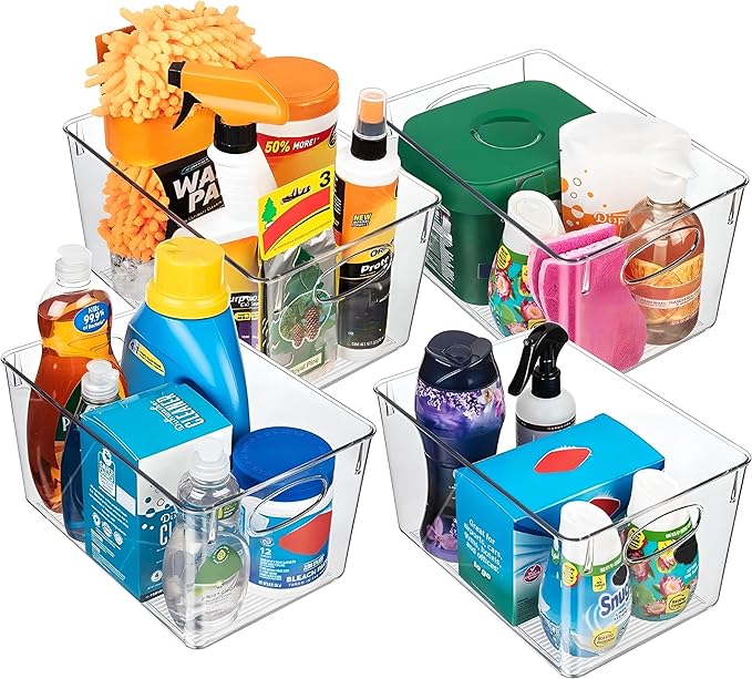 Clear Plastic Storage Bins – 4 Large Containers for Kitchen Organization or Pantry Organization and Storage, Fridge Organizer Plastic Bins, Pantry Organization and Storage Bins, Cabinet Organizers