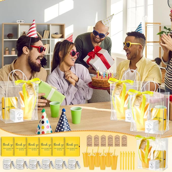 Nuogo 6 Sets New Parent Shower Prizes for Player Winners Adult, Wedding Bridal Shower Gift, Plastic Tumbler Notebook Scented Candle Ballpoint Pen Bag (Yellow Color,Classic Style)