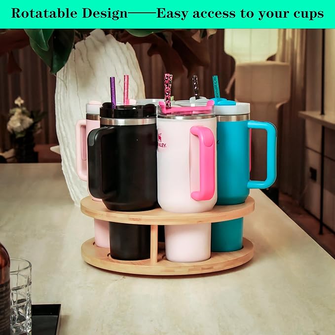 7 Slots Water Bottle Organizer for Stanley Cup Tumbler Accessories Owala Bottle Holder Rotatable Drying Rack Storage for Kitchen Cabinet Countertop Pantry Organizers for Gift, Natural Wood
