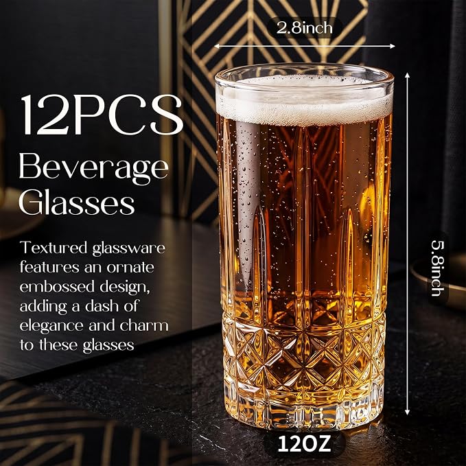 Uiifan Set of 12 Tall Highball Glasses 12 oz Crystal Drinking Glasses Clear Fancy Cups Vintage Textured Designer Glassware for Cocktail Tea Water Beer Soda Beverages, Dishwasher Safe (Diamond Pattern)
