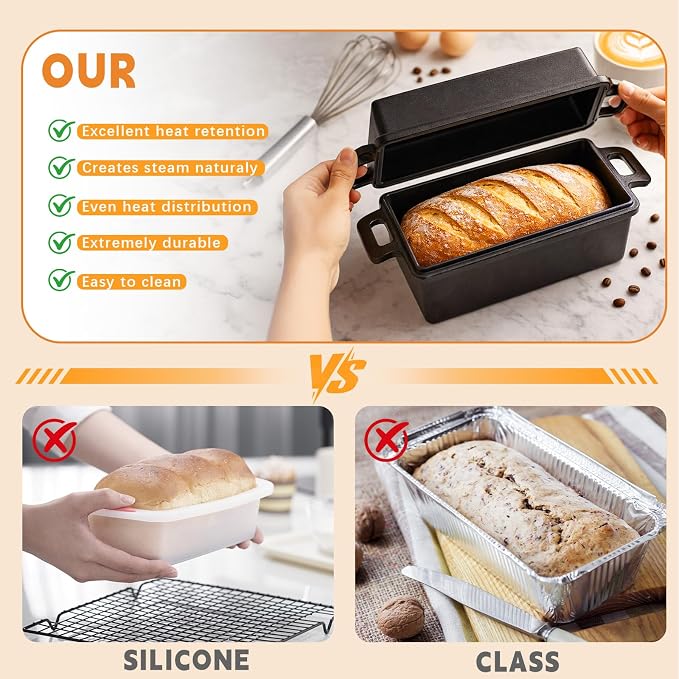 9×5 Inch Cast Iron Loaf Pans with Lids Even Heat Distribution for Baking Bread, Non-Stick Bread Pans for Homemade Sandwich and Sourdough Bread