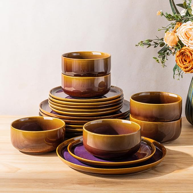 TheTerra Ceramic Dinnerware Sets for 6, 18 Pieces Handmade Reactive Glaze Plates and Bowls Set, Scratch Resistant Dish Set, Oven & Microwave & Dishwasher Safe, Amber Amethyst