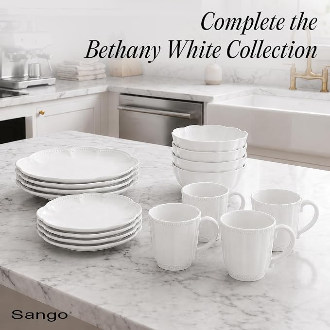 SANGO Bethany White Mugs Set of 4, 12 oz Stoneware White Coffee Mugs, Vibrant Ceramic Drinkware for Coffee, Tea or Cocoa, Durable Everyday Cups, Dishwasher & Microwave Safe, Kitchen Mug Set
