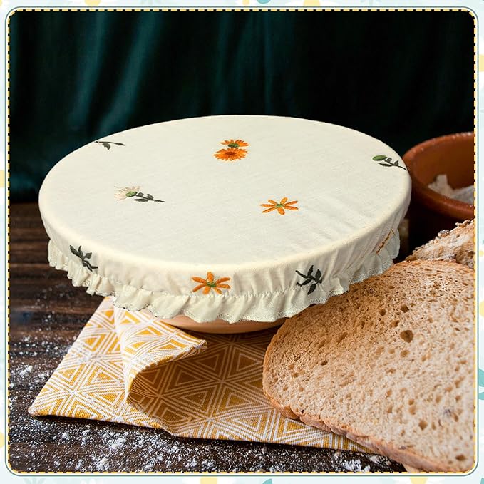 Patelai 10 Pcs Bowl Covers Reusable in 5 Size Stretch Cloth Fabric Elastic Food Storage Bowl Covers Bread Sourdough Lids for Proofing Food Fruits Leftover(Yellow, Green, White,Embroidery Daisy)