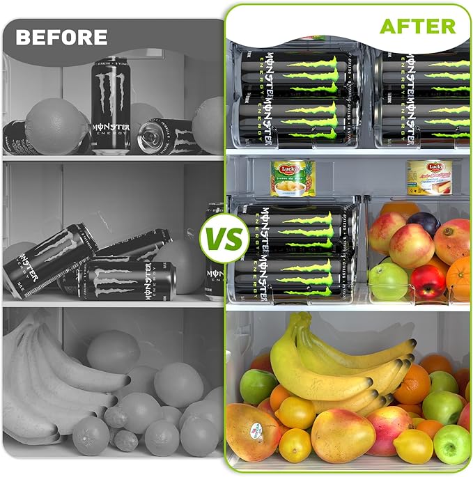 SCAVATA 4 Pack Tall Skinny Can Organizer for Refrigerator, Stackable Large Soda Cans of 16oz & 17oz Beverage Energy Drink Container Holder Dispenser with Lid for Fridge, Clear Storage Plastic Bins