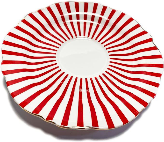 Mazeology Espresso Cups Movie Star Bone China Fluted Red & White Stripe 2 Sets Cups and Saucers with Gold Accents