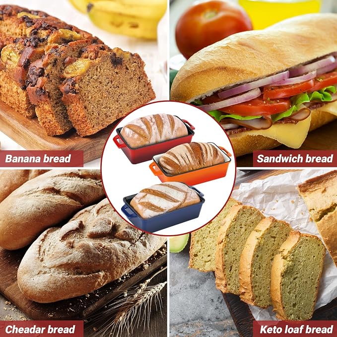 Northriver Casting 9x5 Inch Enameled Cast Iron Bread Loaf Pan with Lid, Perfect Sourdough Baking Pans | Even Heat Distribution for Homemade Bread, Cake, Meatloaf，2 Piece set，Red