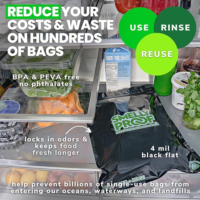 Smelly Proof Reusable Food Storage Container Bags Bundle - USA-Made, NO PEVA & BPA FREE, Easy Clean Dishwasher-Safe Freezer Bags, NO SMELL Triple Zip BLACK 4 mils FLAT, Pack of 25