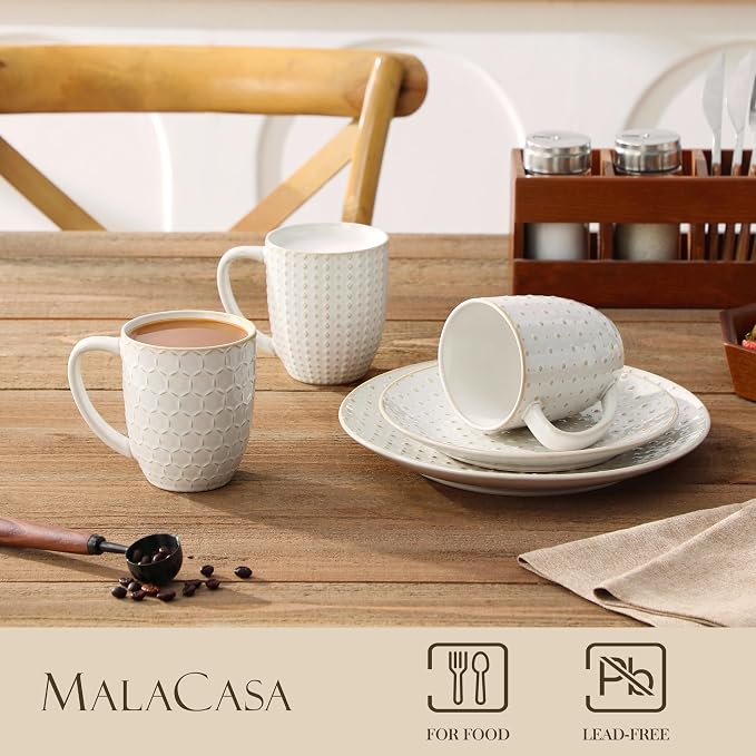 MALACASA LYDIA Coffee Mugs Set of 4, 16 Oz Ceramic White Cups with Handles, Embossed Cups for Latte Cappuccino Mocha, Dishwasher Microwave Safe, Gift Set for Coffee Lovers