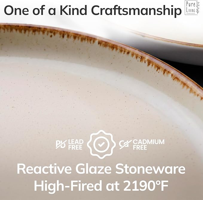 32 Piece Stoneware Dinnerware Set for 8 - Handmade Reactive Glaze Plates and Bowls Set - Chip & Scratch Resistant Dish Set - Dishwasher Microwave Safe - Rustic Beige