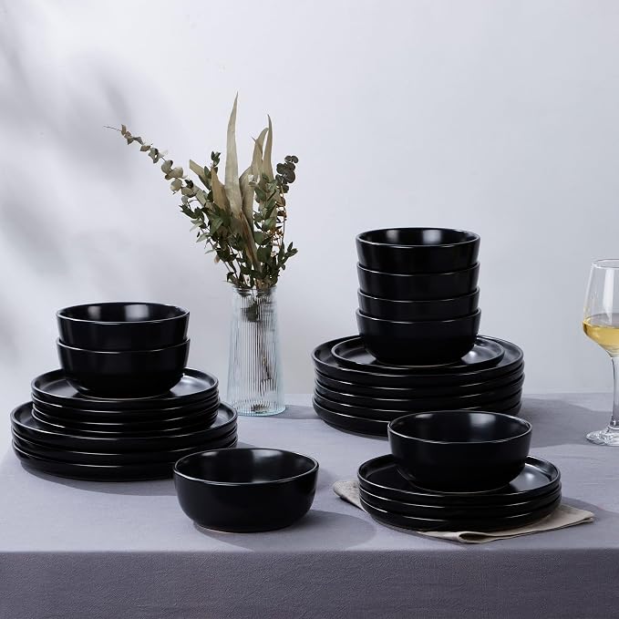 LIANYU Dinnerware Plates and Bowls, 24 Piece Stoneware Ceramic Dishes Set for 8, Dishwasher and Microwave Safe Dinning Ware Set, Dinner Salad Plates and Cereal Bowls, Scratch Resistant, Black Onyx