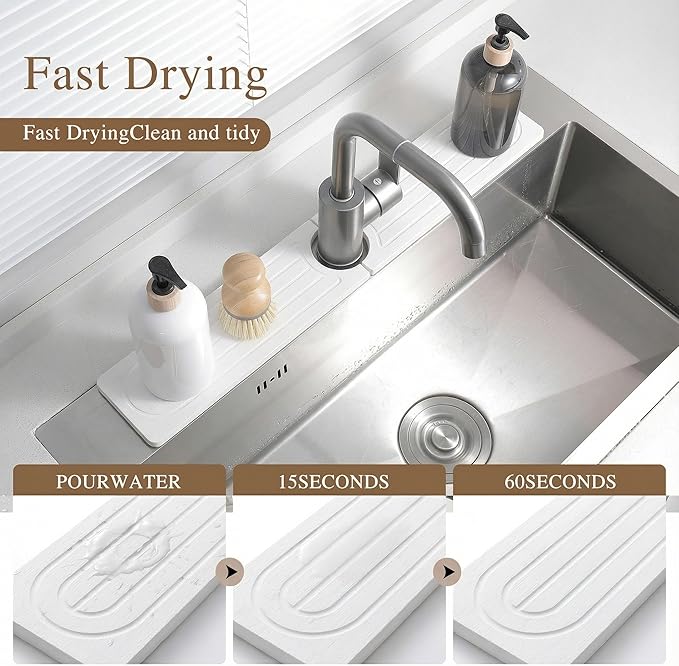 Faucet Mat for Kitchen Sink -Diatomite Stone Drying Mat for Kitchen Counter & Bathroom Sink,Quick-Dry Kitchen Sink Mat-Sink Protector & Splash Guard,Super Absorbent (White, 15.8"x4")