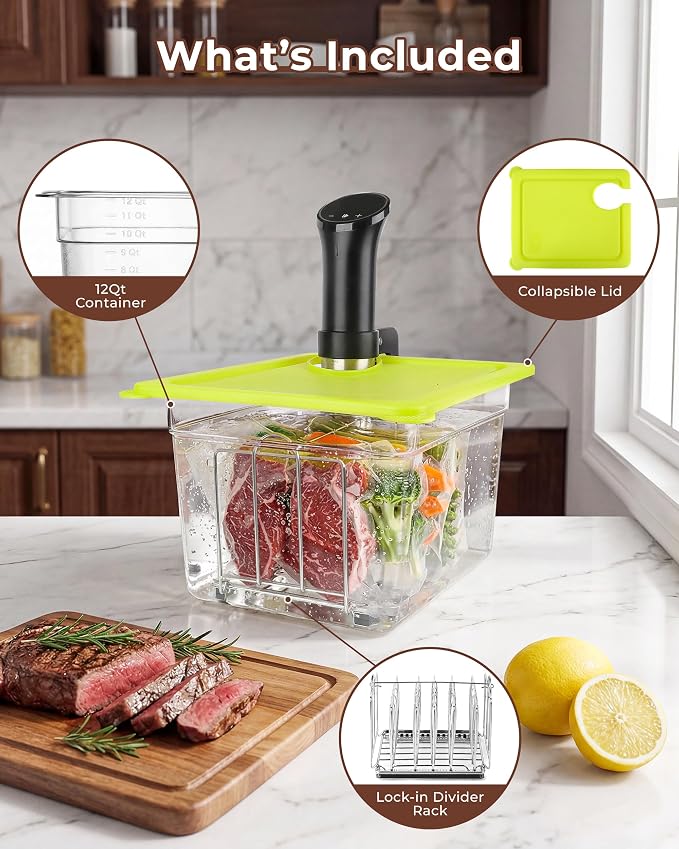 EVERIE 12Qt Sous Vide Container Set w/Collapsible Lid + Lock-In Divider Rack (RACK04) – Keeps Bags Separated & Submerged, Fits Most Clamp-Style Circulators