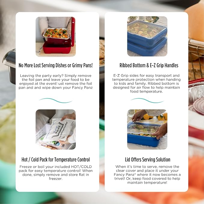 Fancy Panz Aqua Premium Aluminum Foil Pan Carrier with Secure Latch Lid & Hot/Cold Gel Pack - Made in USA Reusable Casserole Carrier for Half Size Pans - Food Transport Holder for Entertaining
