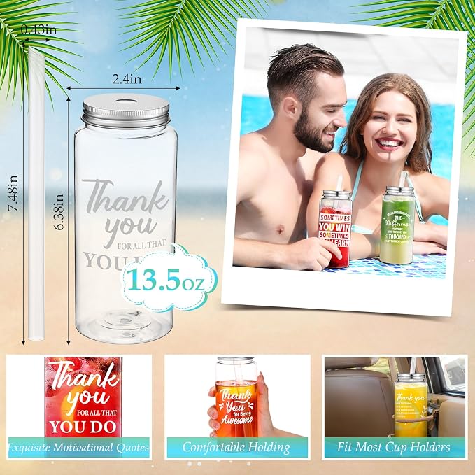 Pickmesh 48 Pcs Employee Appreciation Gifts Bulk 13.5 oz Plastic Thank You Cups Clear Reusable Tumbler with Straw and Lid for Employees Coworker Staff Team Teacher Gifts