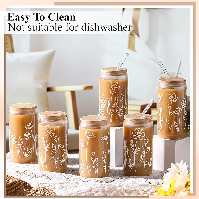 Mumufy 6 Sets Boho Floral Glass Cups with Clear Gift Bag 16 oz Reusable Flower Iced Coffee Mugs Aesthetic Cute Tumbler with Lids and Straws, Gifts for Girls Women Bridesmaid