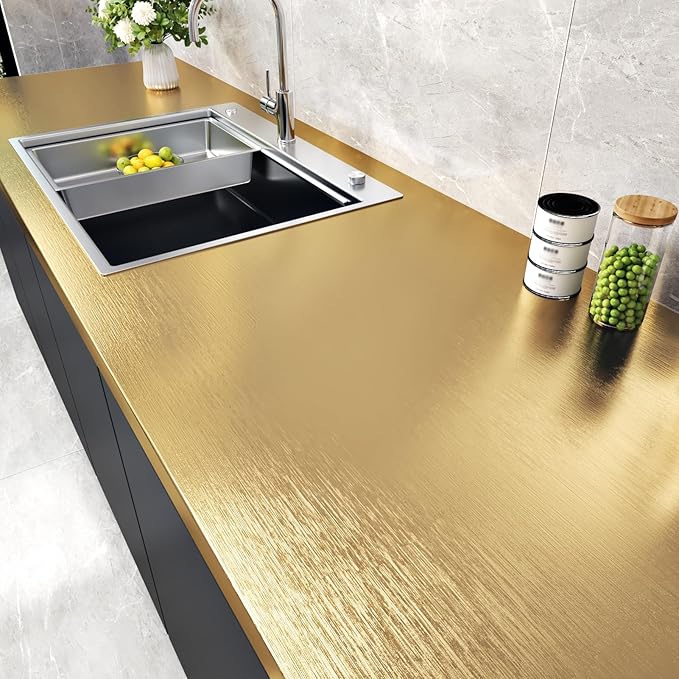 WESTICK Gold Stainless Steel Contact Paper for Appliances Textured Gold Refrigerator Wrap Peel and Stick Countertops Waterproof Heat Resistant Brass Fridge Vinyl Wrap for Cabinets Tables 15.8"x394"