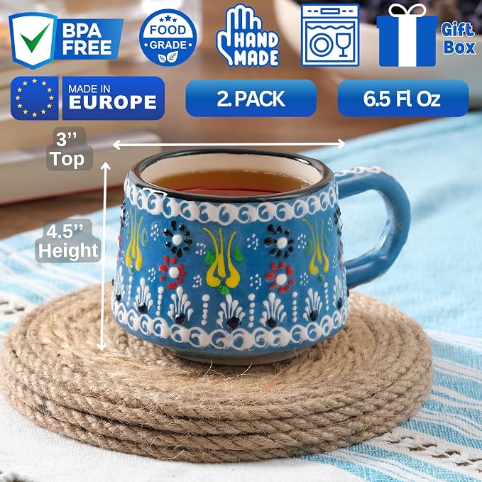 BCS 6 Oz Cappuccino Cups Set of 2, Ceramic Coffee & Tea Mugs, Colorful Handmade Cups, Dishwasher & Microwave Safe Ceramic Mugs (3 Inches, Blue - Red)