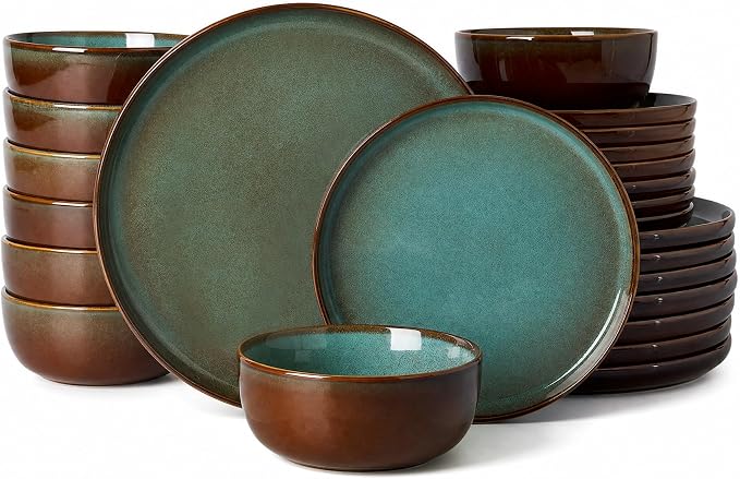 Famiware Milkyway Stoneware Dinnerware Set, 24-Piece, Double Reactive Glaze, Plates and Bowls, Service for 8, Microwave and Dishwasher Safe, Scratch-Resistant, Moss Green & Cocoa