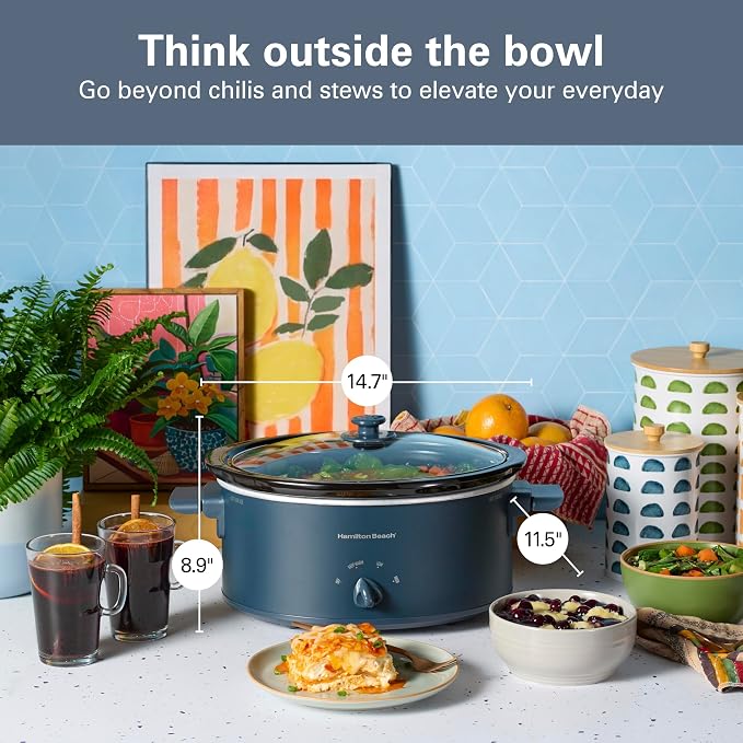 Hamilton Beach 6 Quart Slow Cooker with Space-Saving Folding Handles, 3 Heat Settings, Dishwasher Safe Stoneware Crock and Glass Lid, Kitchen Makeover Blue (33608)