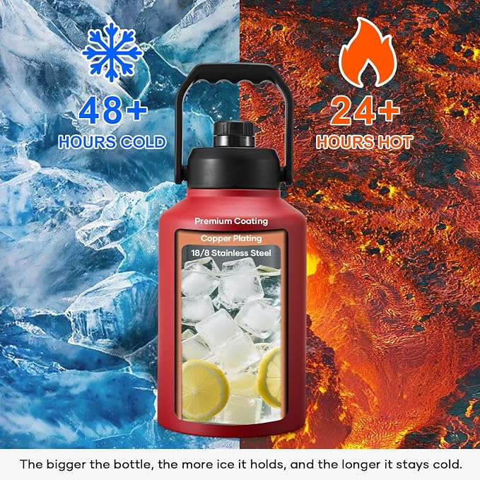 BUZIO 1 Gallon Water Jug Insulated, Stainless Steel Bottle With Large Handle & Spout Lid, 3.58" Big Wide Mouth BPA-Free Leakproof Metal Water Flask For Camping, Adventure, Sports, Red