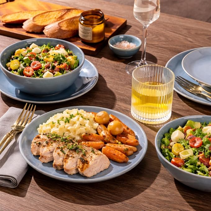 GBHOME Dinnerware Sets with Double Bowls for 6, 24 Pieces Stoneware Plates and Bowls Set, Scratch Resistant Ceramic Dishes Set, Dishwasher & Microwave Safe-Alaskan Blue