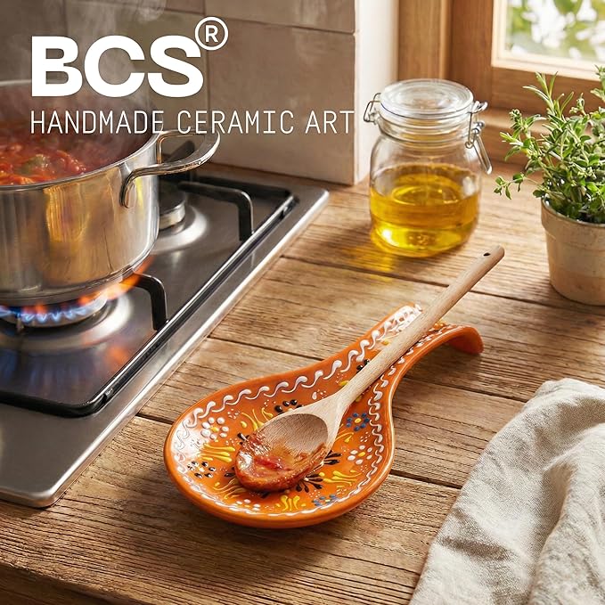 BCS Ceramic Spoon Rest, Large 9” Hand Painted Spoon Holder for Stove Top & Kitchen Counter, Dishwasher Safe & Heat Resistant Utensil Holder, Floral Kitchen Decor, Handmade Pottery