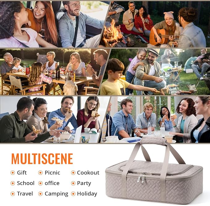 Insulated Casserole Carrier - Portable Casserole Carrier for Hot or Cold Food, Lasagna Holder for Parties,Picnic,Cookouts,Traveling - Fits 9" x 13" Baking Dish (Grey)