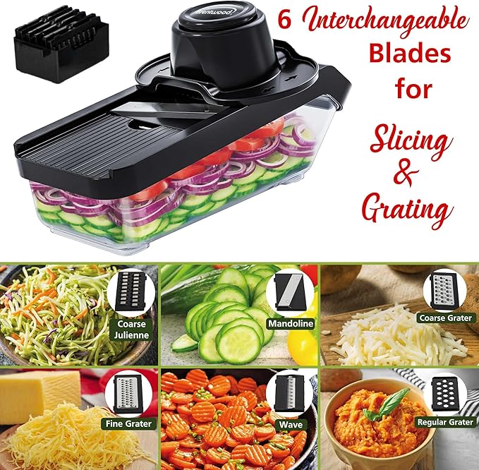 Brentwood All-in-One Food & Vegetable Chopper, Mandoline Slicer, and Cheese Grater with 4.25-Cup Storage Container and 8 Interchangeable Stainless Steel Blades (Black)