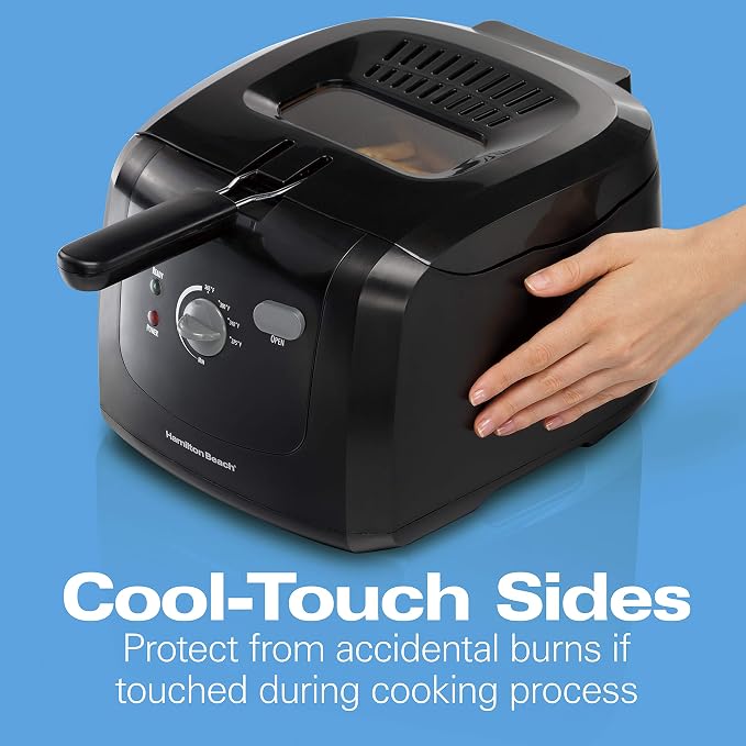 Hamilton Beach Cool Touch Electric Deep Fryer with Basket For Home Use | 2 Liter / 8 Cup Oil Capacity | 1500 Watts | Cool-Touch Sides | Lid With View Window | Adjustable Temperature | Black | 35021