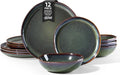 Herogo 12PCS Stoneware Dinnerware Sets, Plates and Bowls Dish Set for 4, Irregular Handmade Dinner Ware Dishware for Kitchen Dinning, Microwave & Dishwasher Safe, Lichen Green